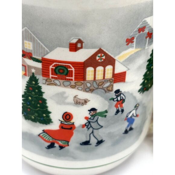 Set of Four Vintage SANGO Christmas Mugs Silent Night Holiday Ice Skaters Snow - Picture 1 of 9